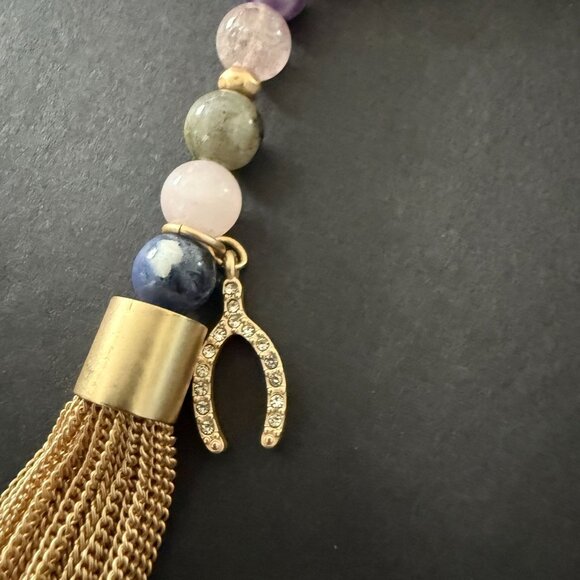 White House Black Market Semi Precious Beaded Tassel Necklace Gold Wishbone Luck - Picture 8 of 15